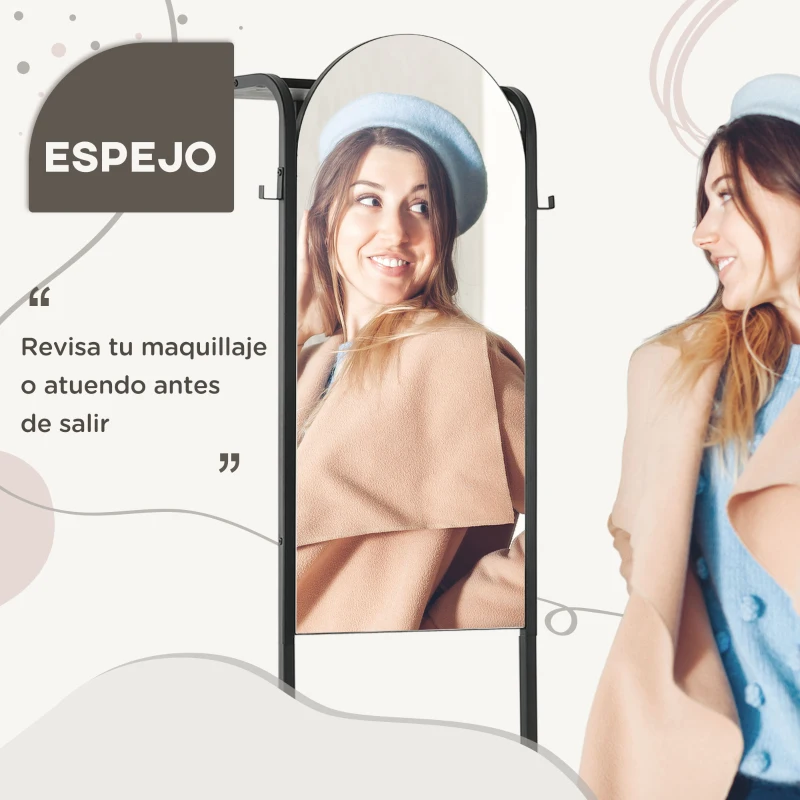 HOMCOM Perchero de Pared con Zapatero y Espejo Mueble de Recibidor con Barra para Colgar y 2 Ganchos 44x40x176 cm Negro