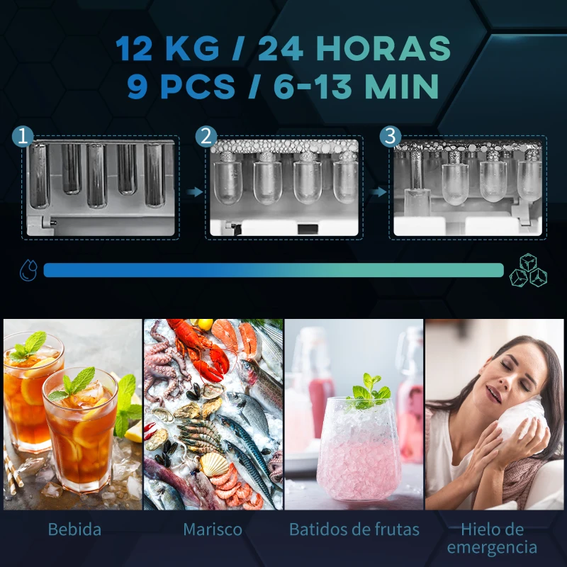 HOMCOM Máquina para Hacer Hielo 9 Cubitos de Hielo en 6-13 Minutos 12 kg en 24h con 2 Tamaños de Cubitos 24,2x34x32,8 cm Plata