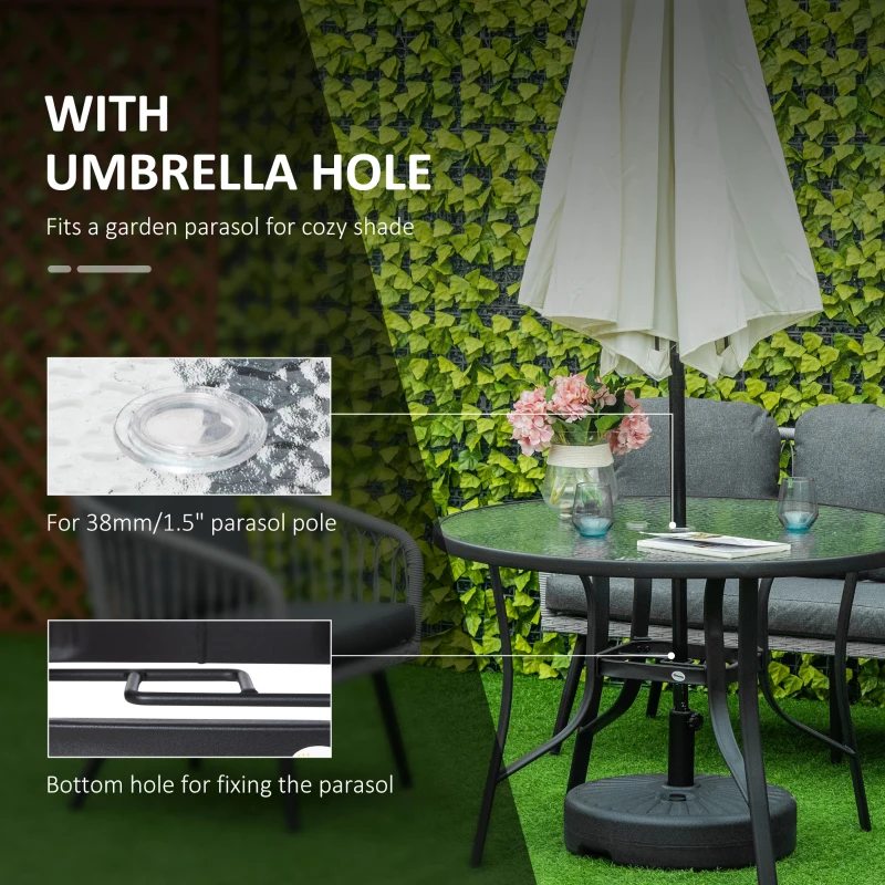 Outsunny Masa de Gradina Rotunda cu Orificiu pentru Umbrela, din Otel si Sticla, Ø106.5x71 cm, Negru