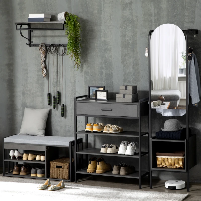 HOMCOM Perchero de Pared con Zapatero y Espejo Mueble de Recibidor con Barra para Colgar y 2 Ganchos 44x40x176 cm Negro