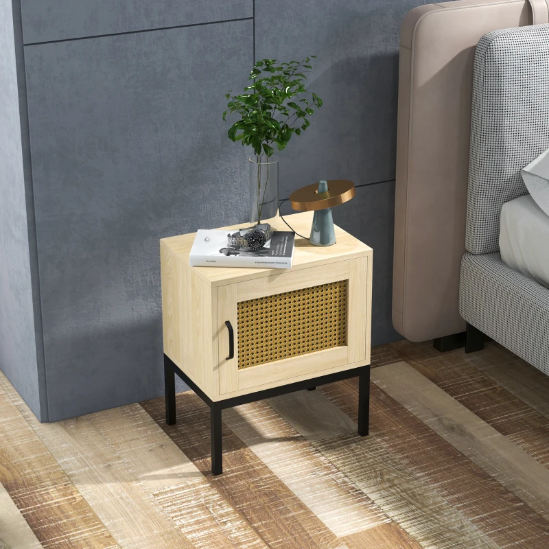 HOMCOM Mesa de Cabeceira com Porta de Vime Estilo Cannage com Pés de Metal 43x30x51 cm Madeira e Preto