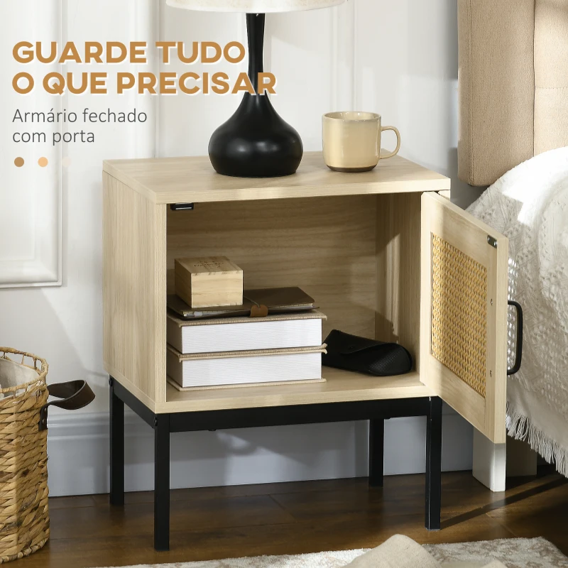 HOMCOM Mesa de Cabeceira com Porta de Vime Estilo Cannage com Pés de Metal 43x30x51 cm Madeira e Preto