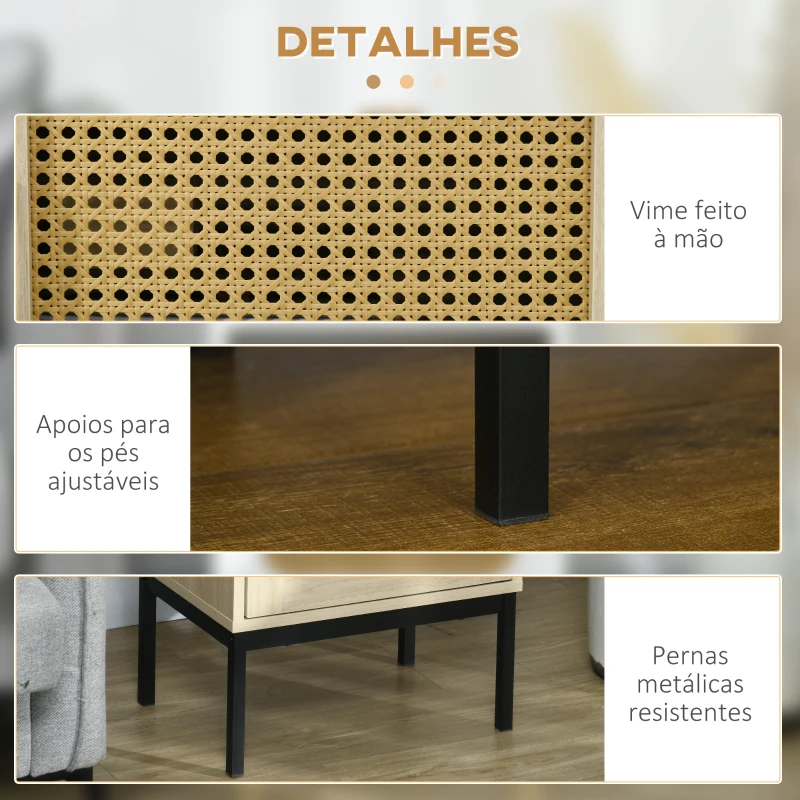 HOMCOM Mesa de Cabeceira com Porta de Vime Estilo Cannage com Pés de Metal 43x30x51 cm Madeira e Preto
