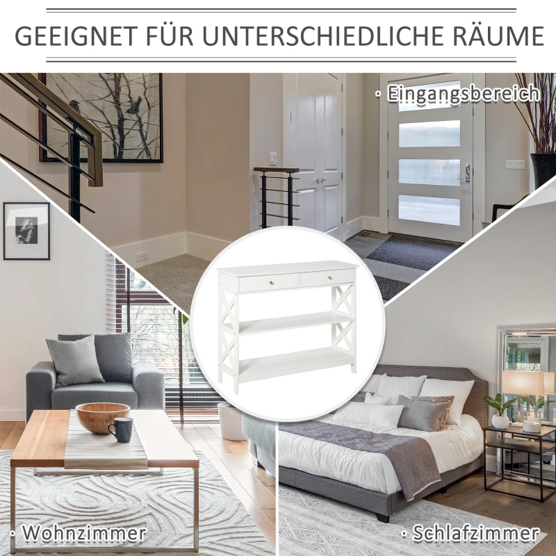 HOMCOM Konsolentisch Beistelltisch mit Schublade und 2-stufigen Ablagefächern MDF-Platte und X-Rahmen Anti-Kipp-Design für Wohnzimmer und Eingangsbereich Weiß 100 x 30,5 x 80 cm