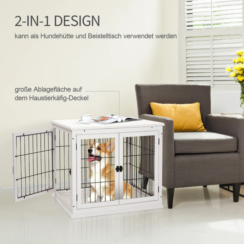 PawHut Transportbox für Hunde 58,5 cm x 81 cm x 66 cm Türen, MDF-Holz Eisen, 58, 5 cm x 81 cm x 66 cm, Weiß