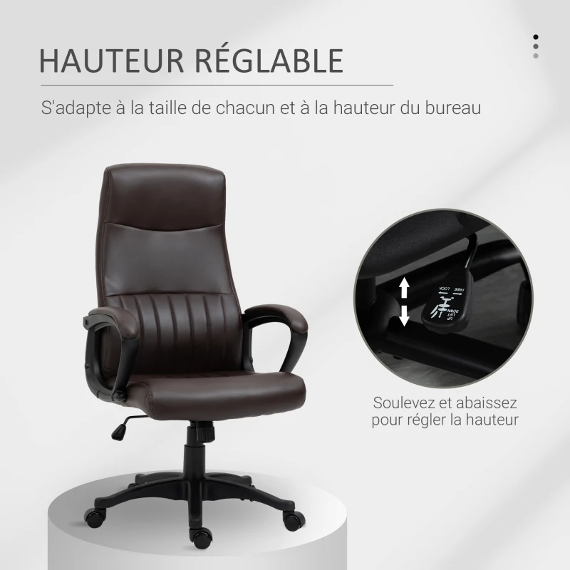 Vinsetto Fauteuil de bureau chaise de bureau ergonomique assise rembourré dossier haut pivotant à 360° réglable en hauteur simili cuir marron