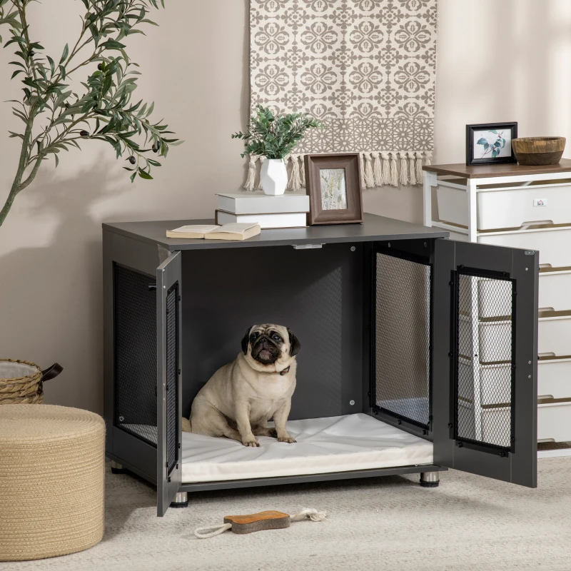PawHut Jaula para Perros Medianos de Interior Mesa Auxiliar con 2 Puertas con Pestillo y Cojín Extraíble 80x55x70cm Gris