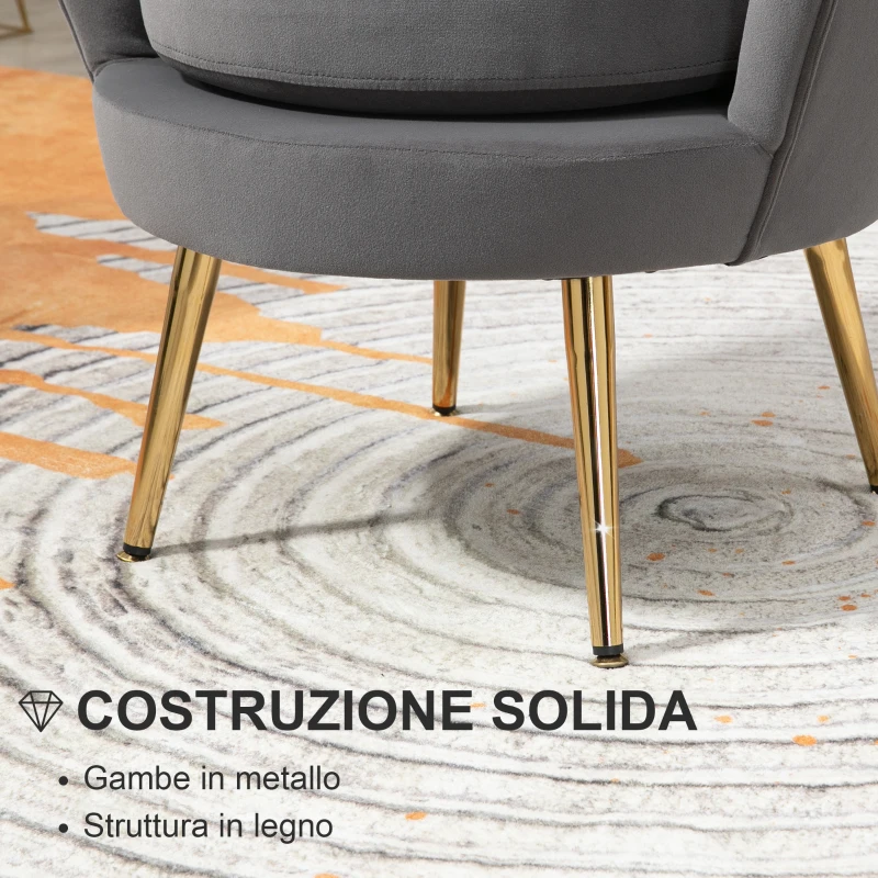 HOMCOM Poltrona a Conchiglia, Poltroncina Vintage, Poltroncina da Camera e Salotto, Design Elegante, con Schienale Alto, 76x67x74cm, Grigio