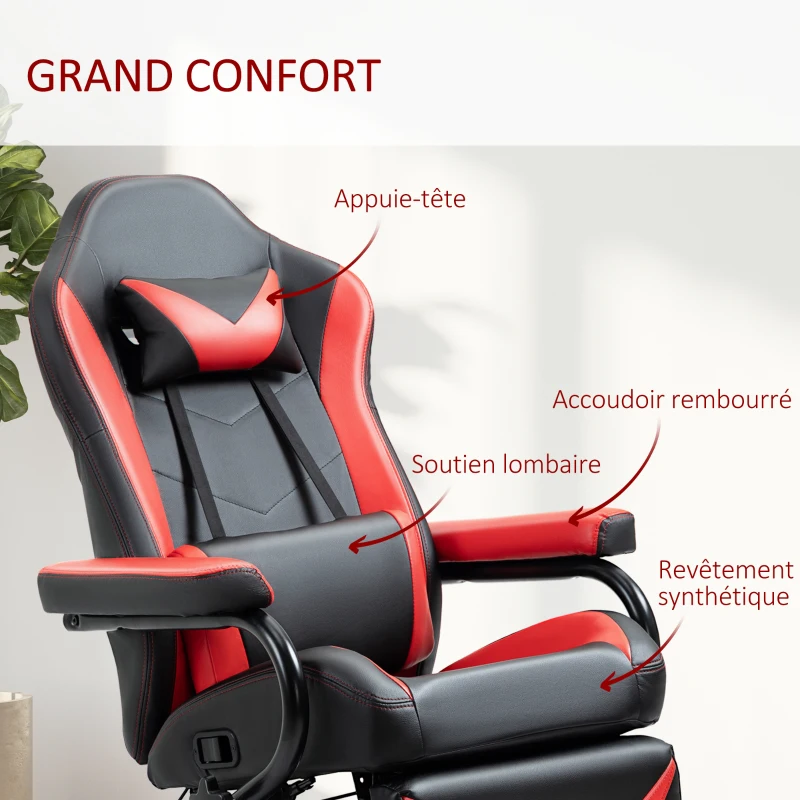 HOMCOM Fauteuil Gaming fauteuil de relax inclinable pivotant avec Repose-Pied rétractable - Coussins lombaires, tétière Inclus - revêtement synthétique Rouge Noir
