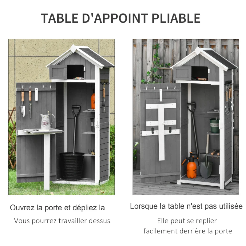 Outsunny Armoire abri de Jardin Remise pour Outils 3 étagères 9 Crochets 2 Porte loquets Toit Pente bitumé Sapin Gris Blanc