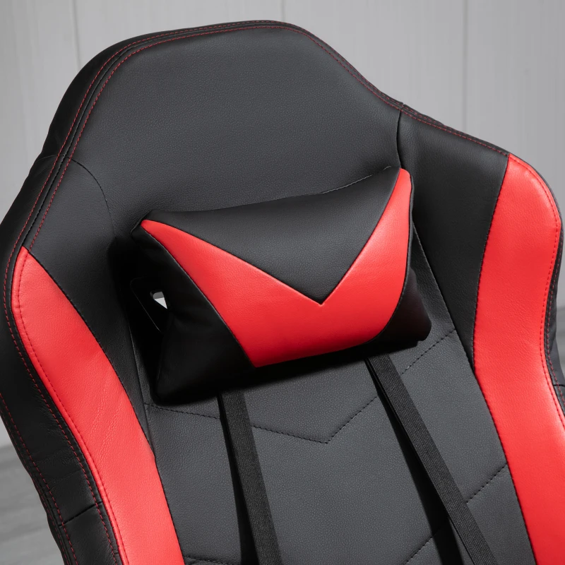 HOMCOM Fauteuil Gaming fauteuil de relax inclinable pivotant avec Repose-Pied rétractable - Coussins lombaires, tétière Inclus - revêtement synthétique Rouge Noir