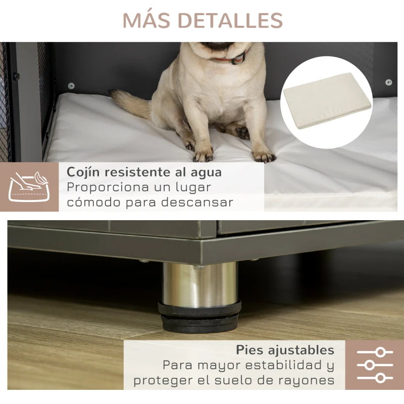 PawHut Jaula para Perros Medianos de Interior Mesa Auxiliar con 2 Puertas con Pestillo y Cojín Extraíble 80x55x70cm Gris
