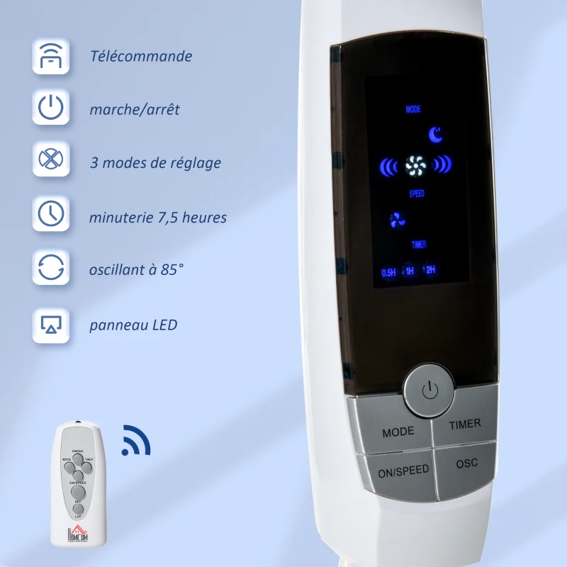 HOMCOM Ventilateur sur pied hauteur réglable oscillant 85° 3 vitesses 50 W avec écran LED télécommande minuterie Ø 42 cm blanc