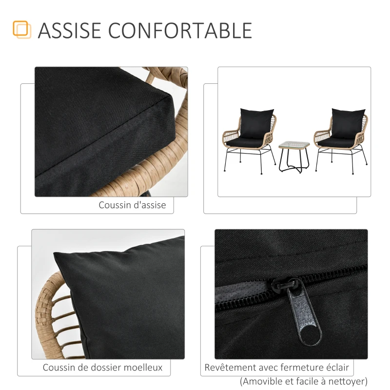 Outsunny Ensemble salon de jardin 3 pièces style exotique 2 fauteuils avec coussins + table basse résine tressée beige métal époxy noir
