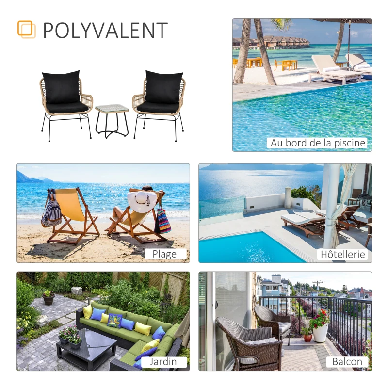 Outsunny Ensemble salon de jardin 3 pièces style exotique 2 fauteuils avec coussins + table basse résine tressée beige métal époxy noir