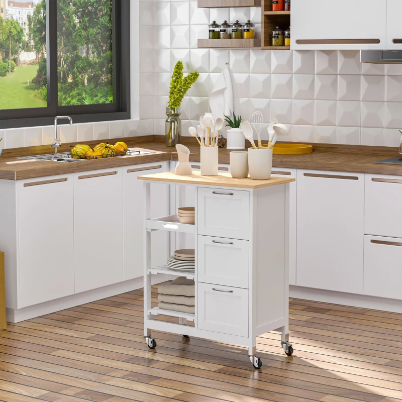 HOMCOM Desserte de cuisine à roulettes chariot de service avec plan de travail en bois de pin - 2 étagère, 1 plateau amovible et 3 tiroirs