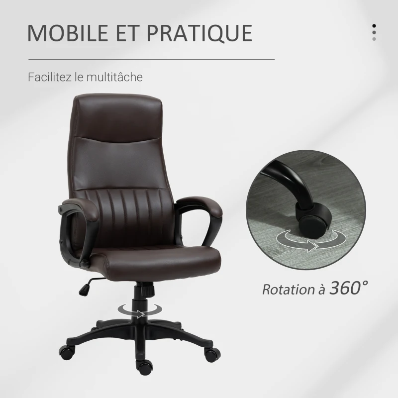 Vinsetto Fauteuil de bureau chaise de bureau ergonomique assise rembourré dossier haut pivotant à 360° réglable en hauteur simili cuir marron