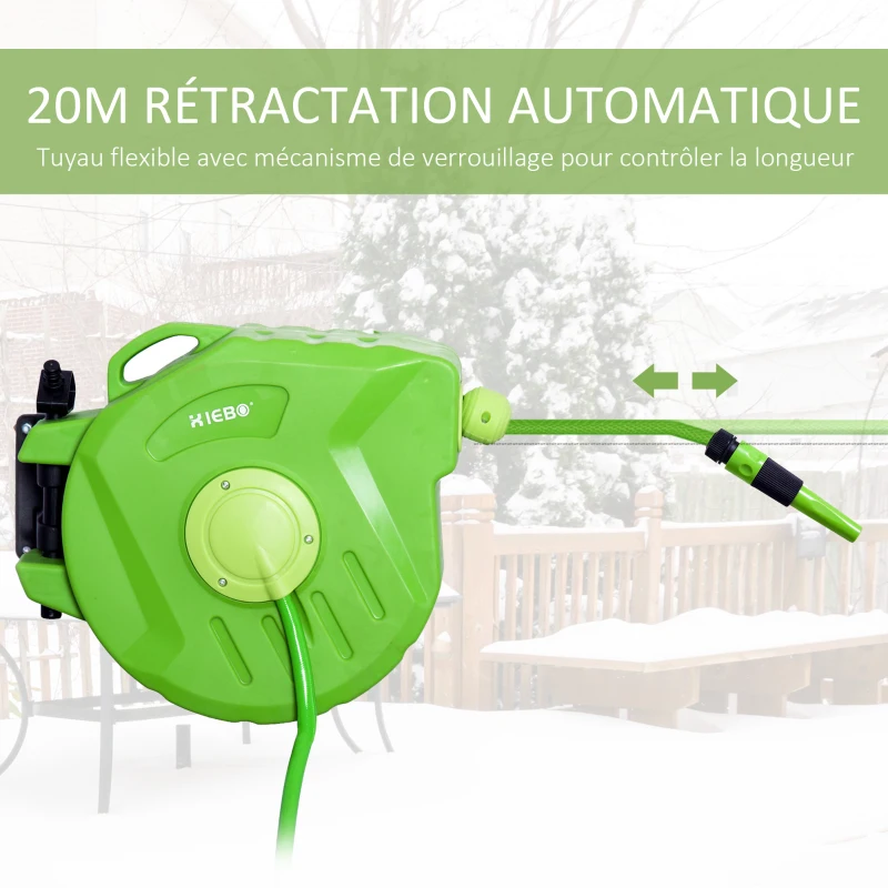 Outsunny Dévidoir Mural Enrouleur Automatique pivotant 180° Tuyau 20 + 2 m avec Lance arrosage Support Mural intégré Vert