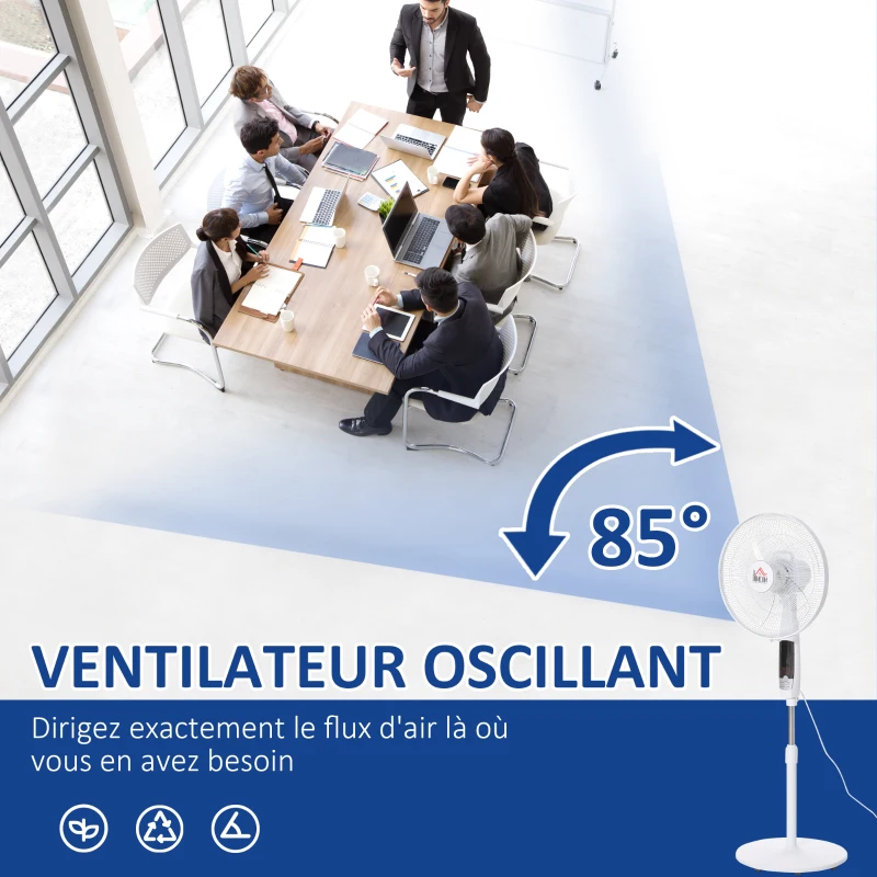 HOMCOM Ventilateur sur pied hauteur réglable oscillant 85° 3 vitesses 50 W avec écran LED télécommande minuterie Ø 42 cm blanc