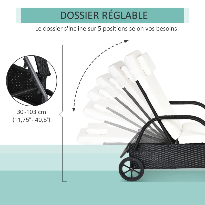 Outsunny Transat bain de soleil grand confort : matelas, têtière, inclinaison réglable multipositions, accoudoirs, roulettes résine tressée noir
