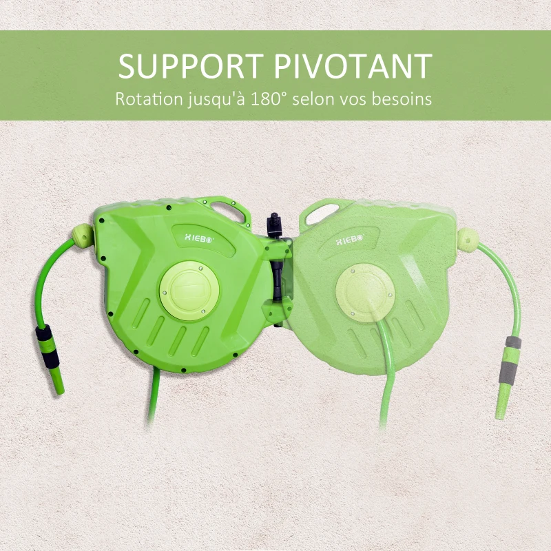 Outsunny Dévidoir Mural Enrouleur Automatique pivotant 180° Tuyau 20 + 2 m avec Lance arrosage Support Mural intégré Vert