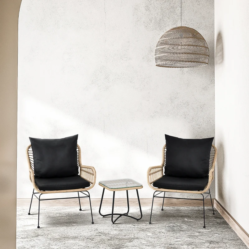 Outsunny Ensemble salon de jardin 3 pièces style exotique 2 fauteuils avec coussins + table basse résine tressée beige métal époxy noir
