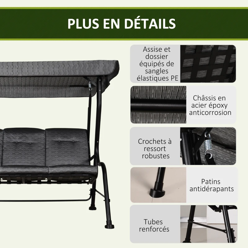 Outsunny Balancelle de Jardin 3 Places Grand Confort Toit Inclinaison réglable épais Coussins Amovibles Polyester Acier époxy Gris Noir