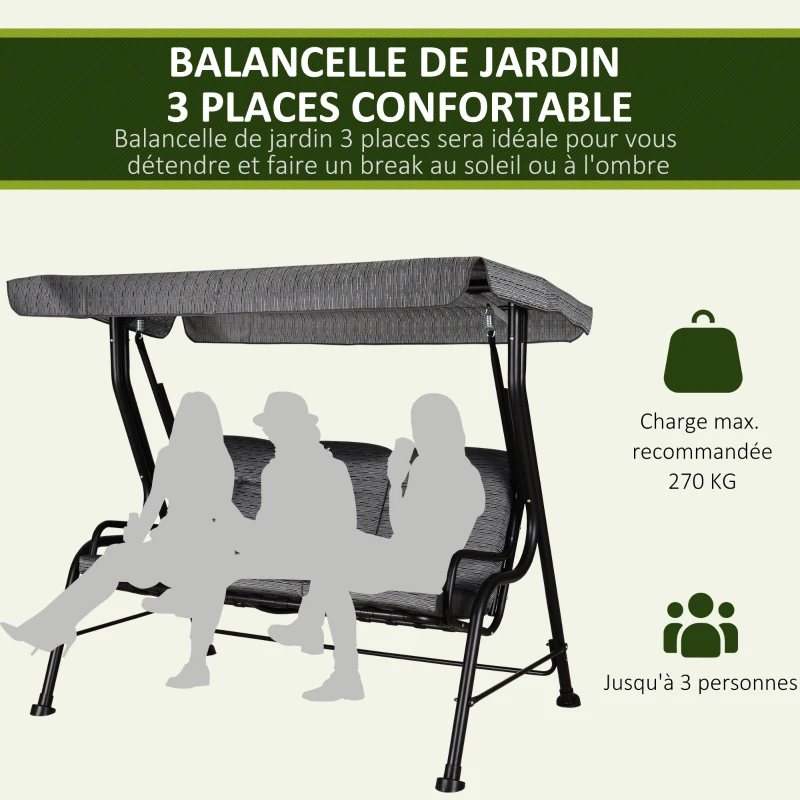 Outsunny Balancelle de Jardin 3 Places Grand Confort Toit Inclinaison réglable épais Coussins Amovibles Polyester Acier époxy Gris Noir