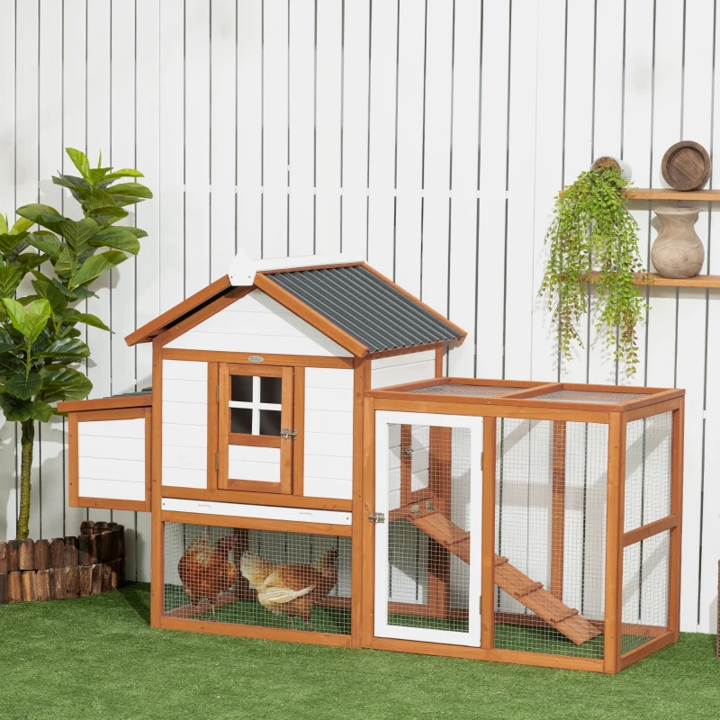 PawHut Galinheiro de Madeira para Exterior para 2-4 Galinhas com 2 Poleiros Ninho Bandeja Amovível e Rampa 181x79,5x117,5cm Madeira