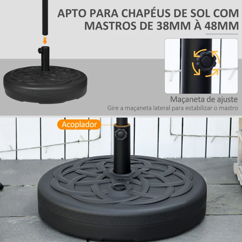 Outsunny Base para Chapéu de Sol de PE Redonda Apto para Mastros de 38mm/48mm Preenchível com Areia 35kg e Água 25L Ø56x30,5cm Preto
