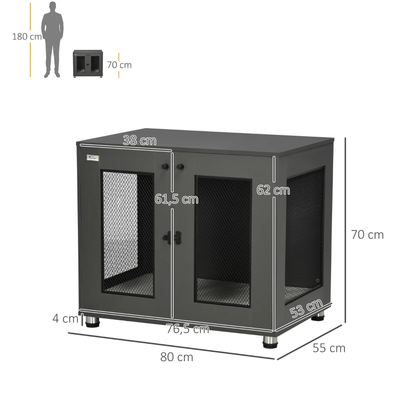 PawHut Jaula para Perros Medianos de Interior Mesa Auxiliar con 2 Puertas con Pestillo y Cojín Extraíble 80x55x70cm Gris