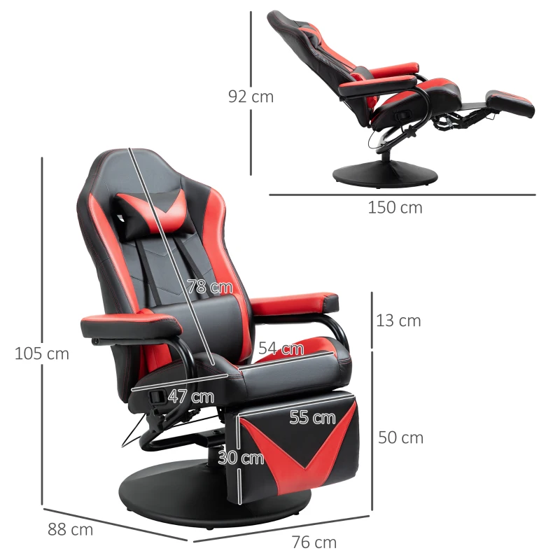 HOMCOM Fauteuil Gaming fauteuil de relax inclinable pivotant avec Repose-Pied rétractable - Coussins lombaires, tétière Inclus - revêtement synthétique Rouge Noir
