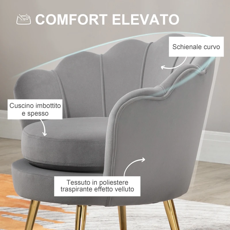HOMCOM Poltrona a Conchiglia, Poltroncina Vintage, Poltroncina da Camera e Salotto, Design Elegante, con Schienale Alto, 76x67x74cm, Grigio
