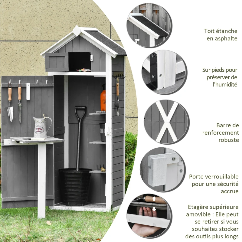 Outsunny Armoire abri de Jardin Remise pour Outils 3 étagères 9 Crochets 2 Porte loquets Toit Pente bitumé Sapin Gris Blanc