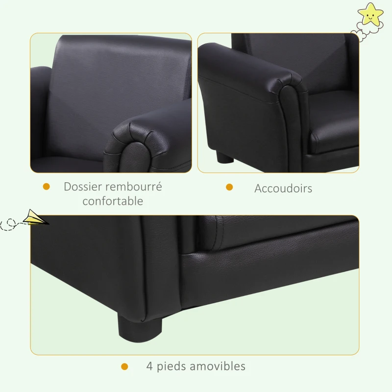 HOMCOM Ensemble Fauteuil et Pouf Enfant Style Contemporain Structure Bois revêtement synthétique PVC Noir