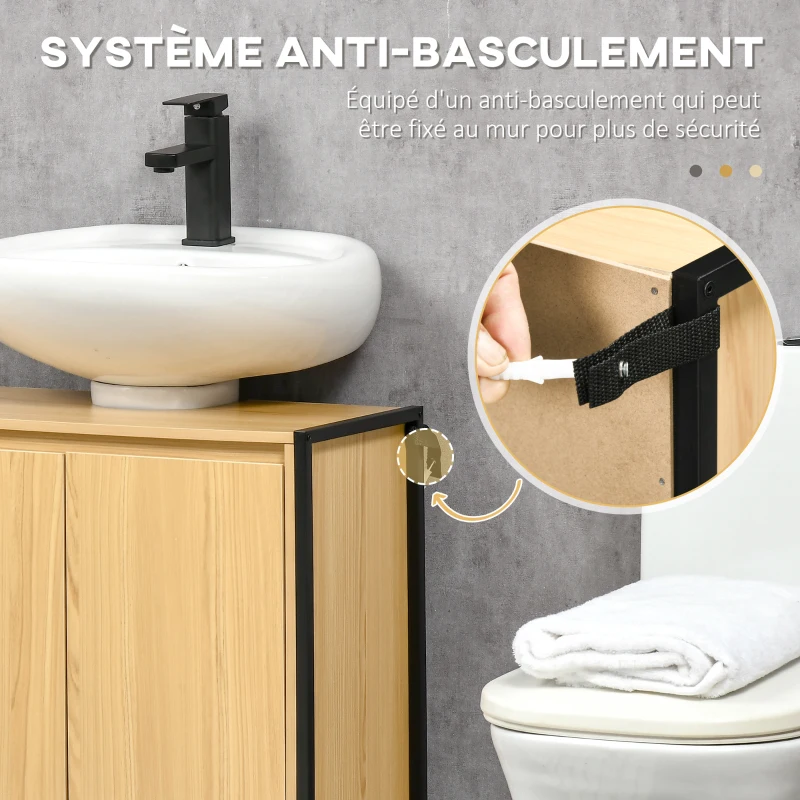 kleankin Meuble sous lavabo de salle de bain armoire sous vasque piètement en métal Double Porte - 60 x 30 x 62,5 cm - Noir et Couleur Bois