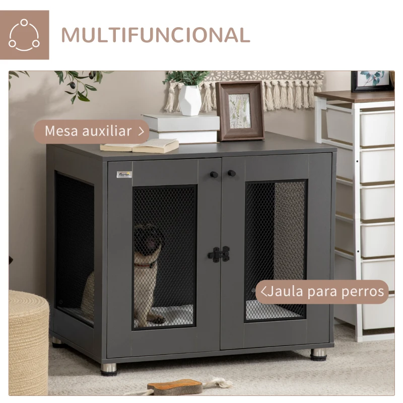 PawHut Jaula para Perros Medianos de Interior Mesa Auxiliar con 2 Puertas con Pestillo y Cojín Extraíble 80x55x70cm Gris