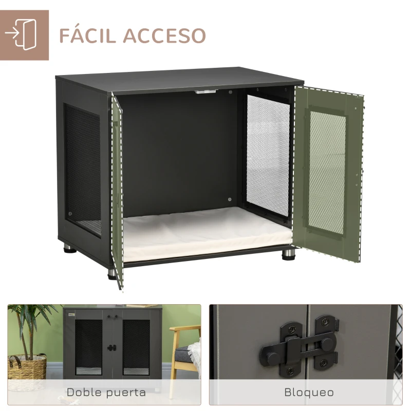 PawHut Jaula para Perros Medianos de Interior Mesa Auxiliar con 2 Puertas con Pestillo y Cojín Extraíble 80x55x70cm Gris