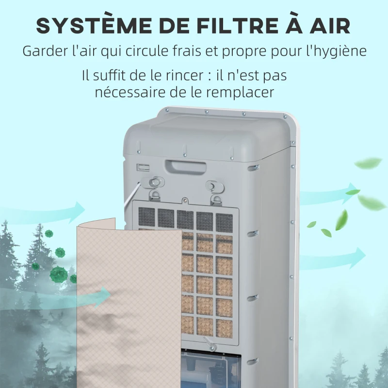 HOMCOM Rafraîchisseur d'air/ventilateur/humidificateur/purificateur/Ioniseur 5 en 1, télécommande 3 modes 3 vitesses, minuterie et oscillant réservoir 12L avec 2 blocs réfrigérants