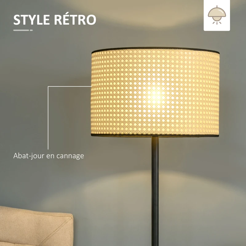 HOMCOM Lampadaire abat-jour cannage E27, max 40W dim. Ø38 x 153H cm acier noir et jaune
