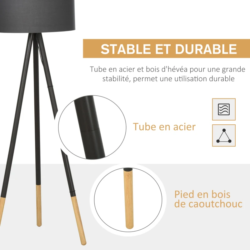 HOMCOM Lampadaire trépied style scandinave bois de caoutchouc gris dim. 52L x 52l x H153 cm