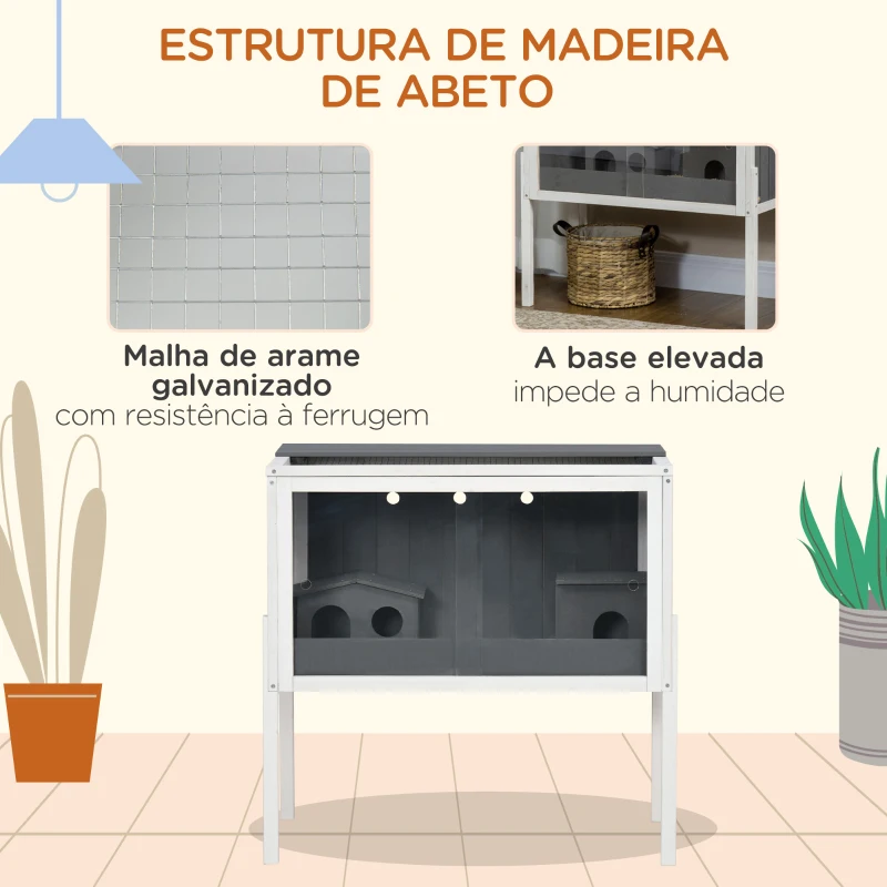 PawHut Gaiola para Hamster de Madeira com 2 Portas de Acrílico Prateleira Amovível 2 Casas 82x45x81cm Cinza e Branco