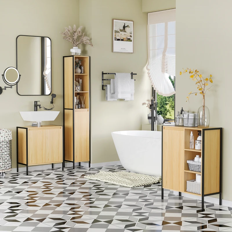 kleankin Meuble sous lavabo de salle de bain armoire sous vasque piètement en métal Double Porte - 60 x 30 x 62,5 cm - Noir et Couleur Bois