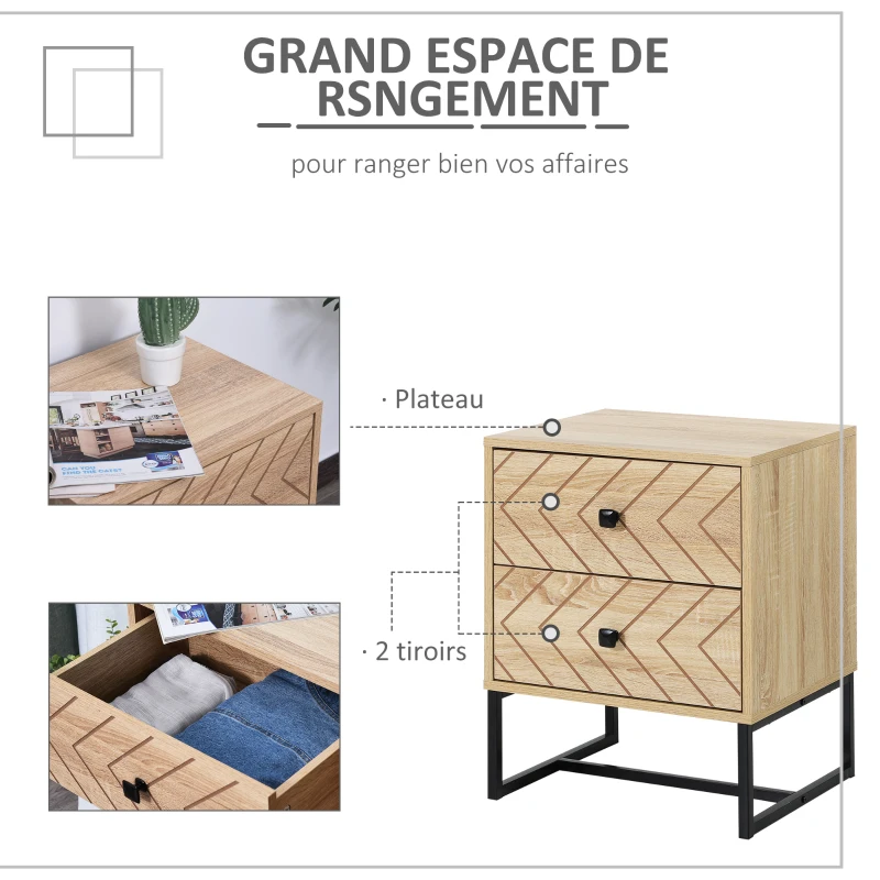 HOMCOM Table de Chevet Table de Nuit Style Graphique 48L x 39,5l x 60H cm 2 tiroirs métal Noir Panneaux Particules MDF Imitation Bois Clair
