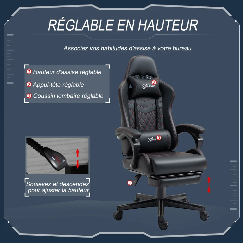 Vinsetto Racing gaming chaise de bureau ergonomique réglable en hauteur avec dossier réglable repose-pieds rétractable 66 x 65 x 122 cm noir et rouge
