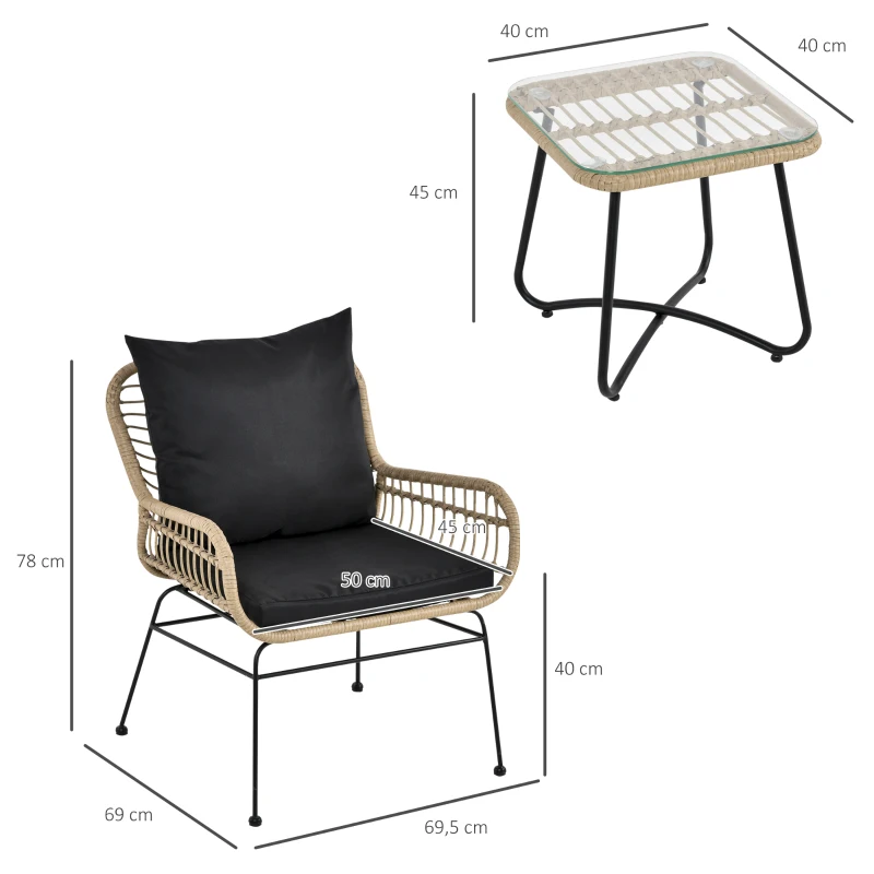 Outsunny Ensemble salon de jardin 3 pièces style exotique 2 fauteuils avec coussins + table basse résine tressée beige métal époxy noir