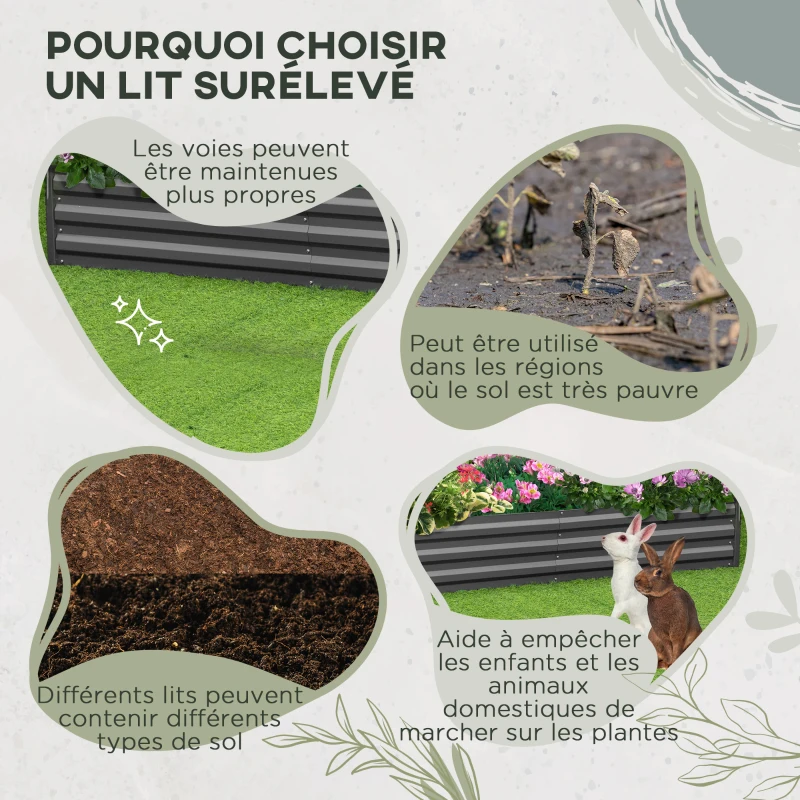Outsunny Carré potager jardinière rectangulaire en métal avec tuteurs pour tomates et plantes grimpantes 180 x 90 x 29,5 cm