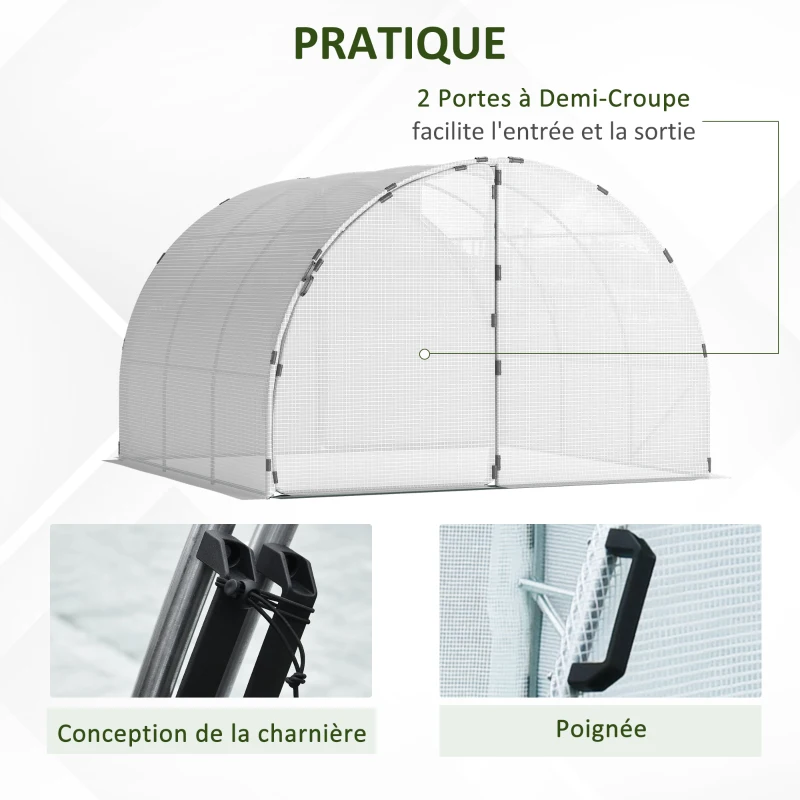 Outsunny Serre de Jardin 3 x 3 m Tunnel Surface Sol 9 m² châssis Tubulaire renforcé 24 mm Double Porte avec poignées Blanc