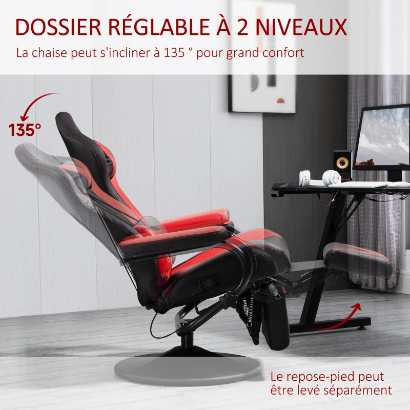 HOMCOM Fauteuil Gaming fauteuil de relax inclinable pivotant avec Repose-Pied rétractable - Coussins lombaires, tétière Inclus - revêtement synthétique Rouge Noir