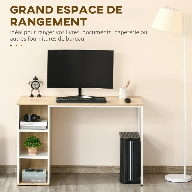 HOMCOM Bureau Informatique multimédia - dim. 115L x 55l x 75H cm - 3 étagères latérales - Panneaux Particules chêne Clair Blanc métal
